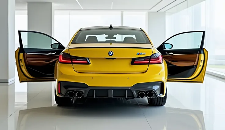 A vibrant yellow 2025 BMW M5 displayed in a luxurious, modern showroom with a clean, polished white floor and minimalist white walls. The car is positioned at a three-quarter rear angle, showcasing its bold and aerodynamic design with sharp, muscular lines...