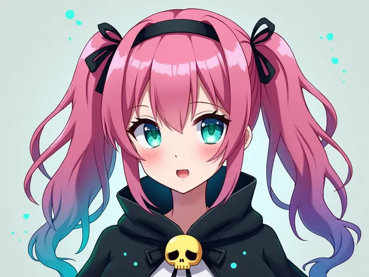 Anime girl with pink ponytail with hair，Black hair band ， left ponytail blue-green light ， right ponytail pinkish purple light ， Eyes are simple oval but blue Green light， wears black cape ， In the middle of the cape there is a small yellow skull head ， Bl...