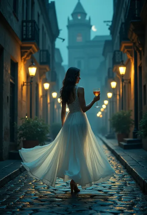 Create a liqueur label with a nocturnal street in the background and a woman in a white dress with a glass in her hand while walking 