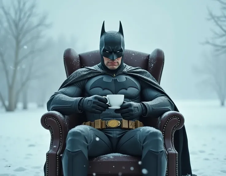 Batman sitting on a chair while holding a cup of tea and sitting right infront of viewers in snow place 