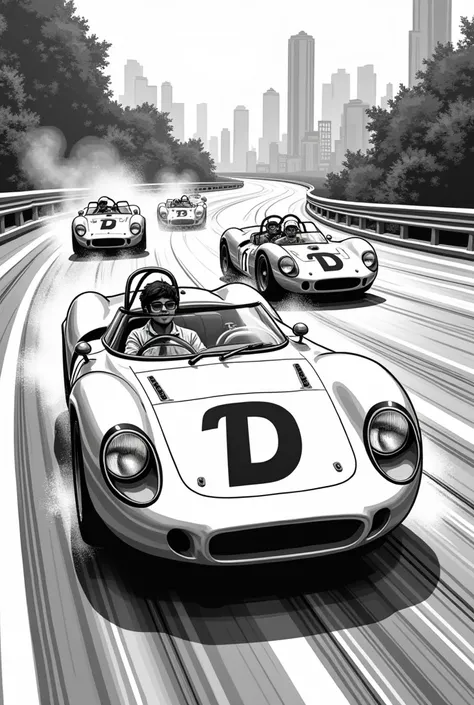 asian comic book of car racing with the initial “D” as the license plate make it black and white retro 