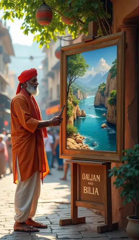 a male adult Indian artist with his painting hanging on the wall near a street with beautiful scenery drawn on it with a sign board with written text