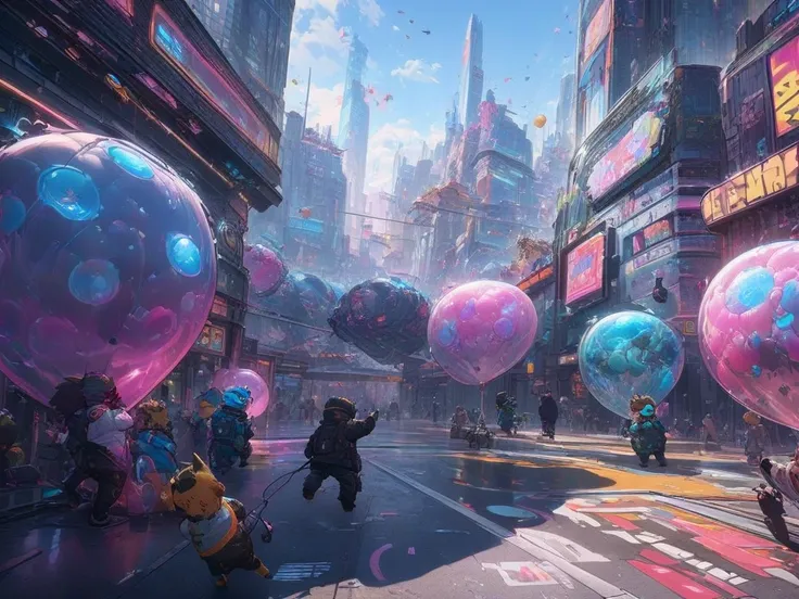 two cute chibi t-rexs wearing a jacket ,chasing a ballon in the neon city , masterpiece , hyper detailed