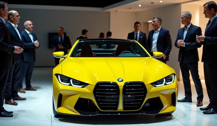 BMW M12 2025 in yellow colour left side at the showroom.men standing in the showroom with well dress