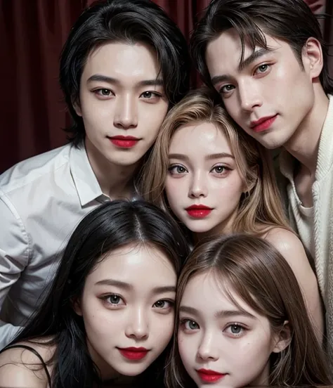 Family male and female smiles, 5 selfish people, make up beautifully, red lipstick, futuristic 