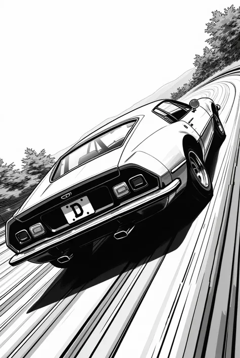 asian comic book of car racing with the initial “D” as the license plate make it black and white retro no people just the car from a low point of view and the back of the car