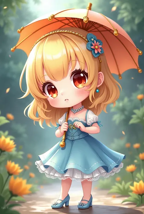 Make a chibi anime art, Standing, Umbrella, Earrings, Rich, Cute, Red eyes, Blonde hair, Headband Gold, Heels silver, Necklace, Blue dress