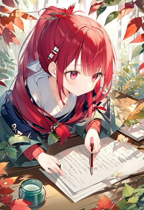 Watercolor colorful,shirayuki,girl,age 15,solo,red hair tied down,hairpin,ribbon on ponytail,in leaves,studing and observing plants and writing,feather pin and papers,leaf jar, seated down in leaves,shirayuki