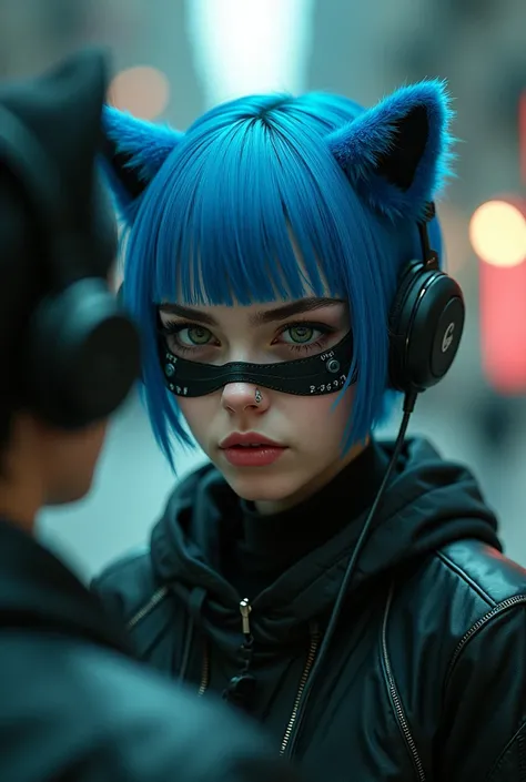 blue hair, hair strand, crew cut, afro, mask, mole under mouth, horizontal pupils, cat ear headphones, frown, fume, v-shaped eyebrows, scowl, gloom (expression), smirk, facing another, stats, zoom layer, f/1.8, 35mm, American propaganda poster, Color Field...