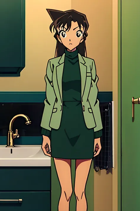 {{{mouri ran}}},{{{detective conan}}},{{{long hair}}},{{{official style}}},{{{adult}}},green dress,one-piece dress,turtleneck gr...