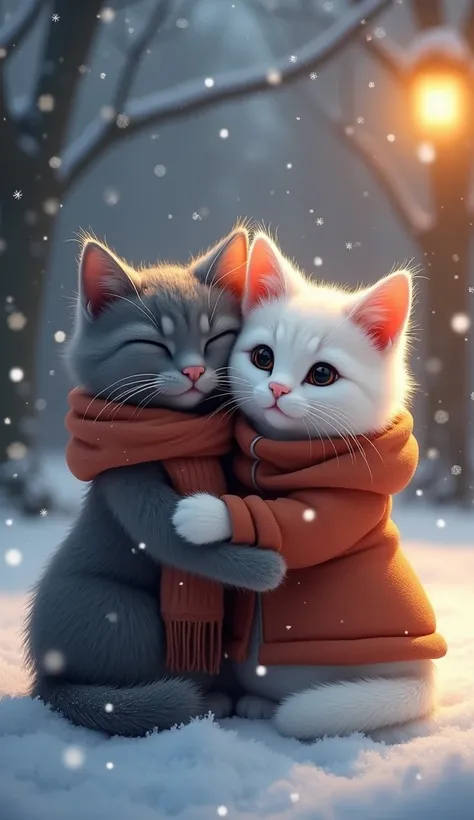  a quiet night in winter 、While the snow dances 、 Create an atmosphere where the soft light envelops the entire scene {x} An animated moving scene where the two cats are wrapped in warm coats and hugging each other Please create。 The cat on one side has a ...