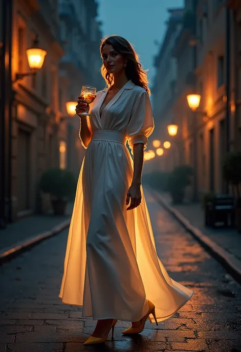 Créer une étiquette de liqueur avec une rue nocturne en arrière-plan et une femme en robe blanche avec un verre à la main en train de marcher a coté d’elle se trouve une grande bouteille de liqueur 