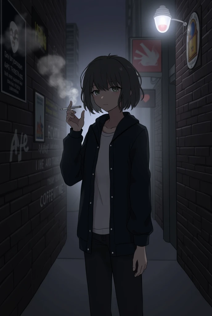 The image depicts an illustrated character standing in a dimly lit alleyway. The character has short, wavy hair and is wearing a black jacket over a white shirt. The character is holding a lit cigarette in their right hand, which is raised to their mouth, ...