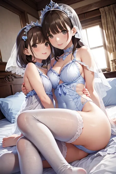   Nene Anegasaki  、((Mother and daughter)), Seduce,   shiny brown hair ,  Shorthair, ( Beautiful Brown Eyes 、  Sparkling Eyes , fine grain)、((Mother and daughter)), smile、  Very detailed目、  Very detailed顔,   Very detailed目,  butt with an R18 body, Lace tig...