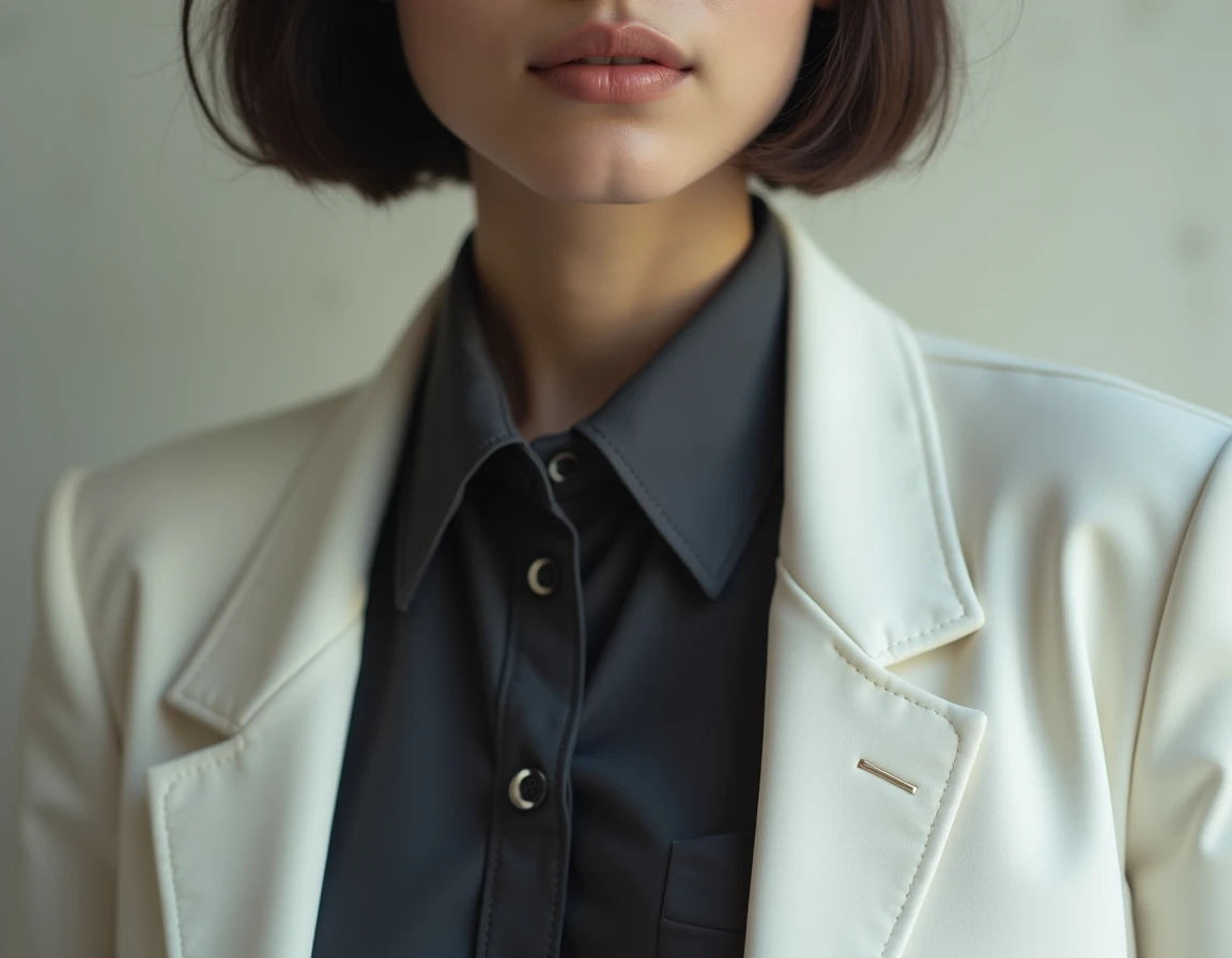 The image shows a person wearing a dark-colored collared shirt and wearing a white jacket . The person has short hair and is positioned against a blurry background. The image focuses on the upper part of the persons body, specifically the neck and shoulder...