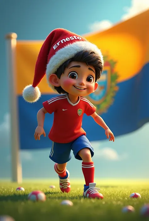 Animated Christmas soccer player with the name Ernesto on his hat and the flag of El Salvador in the background 