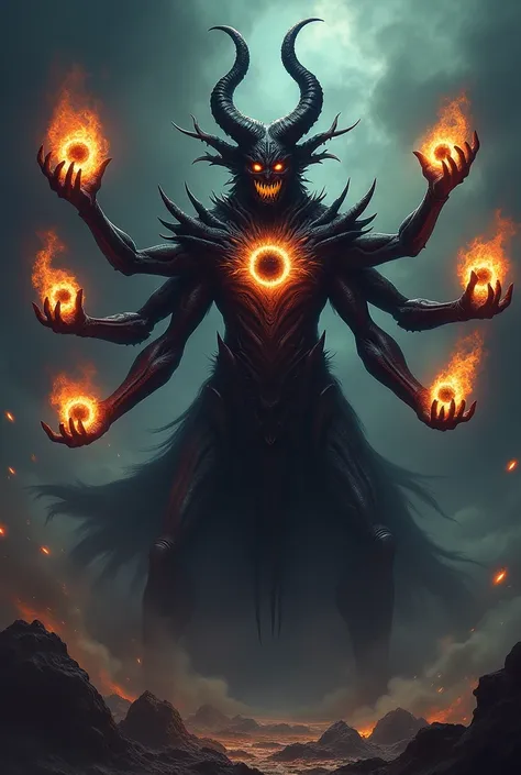 a male monster with 3 heads and a villain face and 6 arms and he has a fire spear and a black hole in each hand and he has cosmic horns and on his chest there are 3 eyes which have black hole eye pupils and his eyes glow