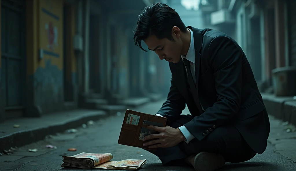  young man in a suit opened up a lost wallet full of malaysian ringgit and found a malaysian identity card, he opened it while at the side of the street, use dark theme