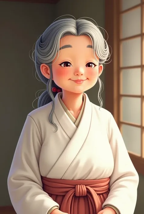  Please draw a Japanese grandmother 。She has a slightly chubby figure 、 has a kind smile 。The eyes are droopy、 Its a gentle expression that gives a soft impression 。Long hair、Summarized in the back。 Her hair mixed with gray hair is soft and organized 、 I c...