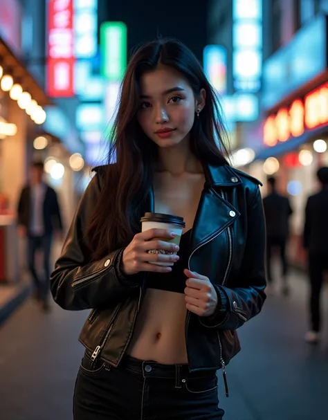 18 year old white skinned, baby face, long black hair, Russian model, Double eyelids, Beautiful teeth alignment, posing confidently on a bustling Tokyo street at night, neon lights reflecting on her stylish black leather jacket, paired with high-waisted je...