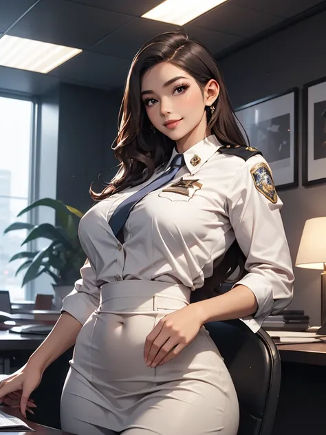 One beautiful woman、evil:1.9,evil smile, female cop ,female soldiers, Big Breasts 、Small waist、 big hips、hourglass-shaped proportions、Midnight Office,masterpiece,beautiful,best quality,ultra detailed,exquisite,extremely detailed,high quality,insanely detai...