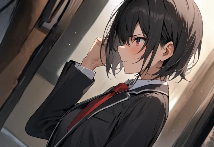 （masterpiece,  best quality:1.2)、(((male)))、student、 Shorthair、 black hair、Black school uniform, black blazer、 white shirt、 red tie、 hand in the den forward、 upper body、dutch angle shot、 side view