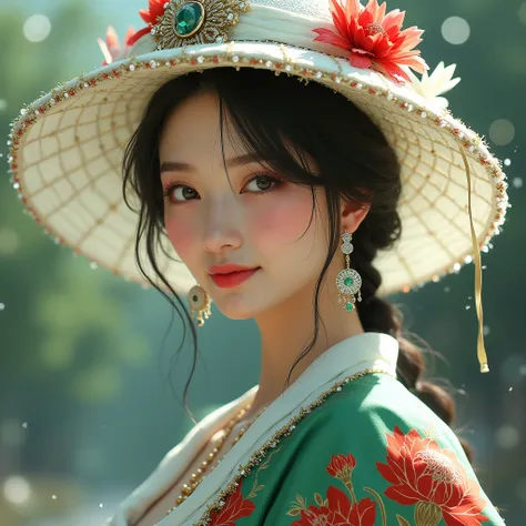 (( best quality))、((masterpiece))、( Details)、Fair-skinned、Blue Eyed、 wearing a Russian national costume with brown eyes 、A beautiful Japanese 16-year-old woman is smiling 、A hat and dress with a red flower pattern based on green 、 wearing large diamond eme...