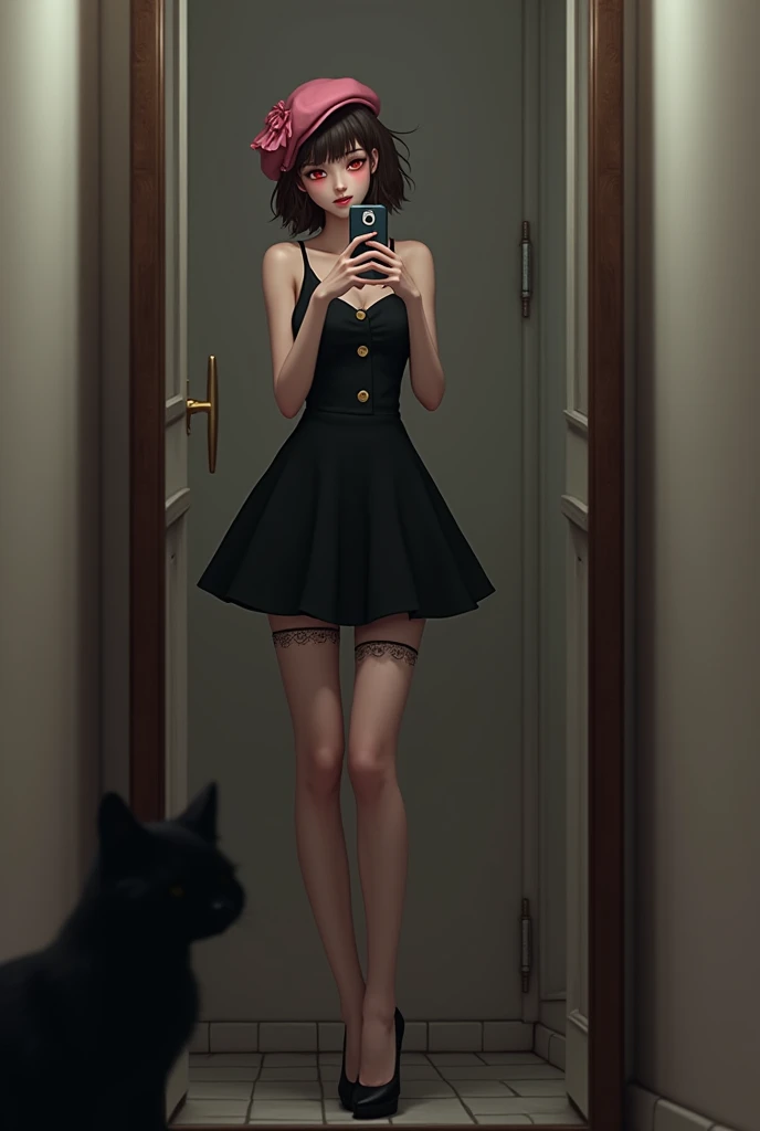 brunette,red eyes,160 cm tall,tsundere,pinky cheek,black dress,high heels,full body photo,holding a phone, mirror selfie in bathroom,pink hat,tired eyes,stocking,3d,with a black cat