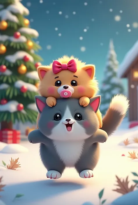 A cute gray and white ragdoll cat daddy (bright eyes and smile) is running, with a baby brown chow sitting on his back, the little chow has a pacifier in its mouth and a pink bow on its head, background Its snowing Christmas Eve with Christmas tree, cute c...