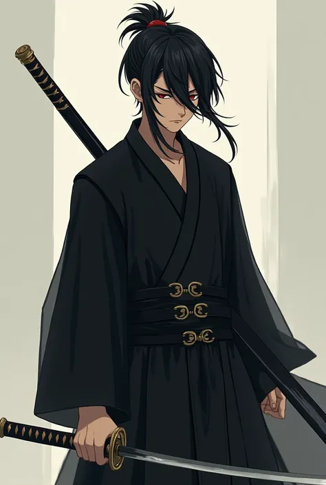 make me a human whose left eye is closed and he is wearing a sword and he is wearing a black Japanese school uniform and has mullet hair in a samurai pose