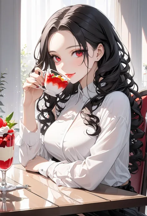 (delicate and beautiful), (immensely beautiful perfect illustration), (focus face, pov), (perfect parted center forehead) (delicate hime cut) (vivid black delicate ringlets long hair), (best cool girl) (age 18), (best cool red eyes), (love smile), ((best s...