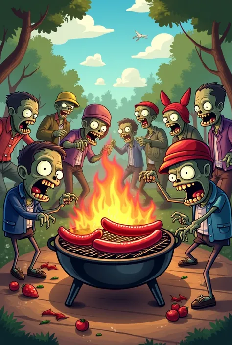 Image de Zombies combattants en mode cartoon autour dun barbecue avec des merguez