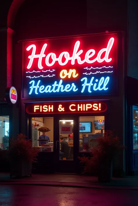 Please make a neon sign for a shop called Hooked on heather hill fish a chips