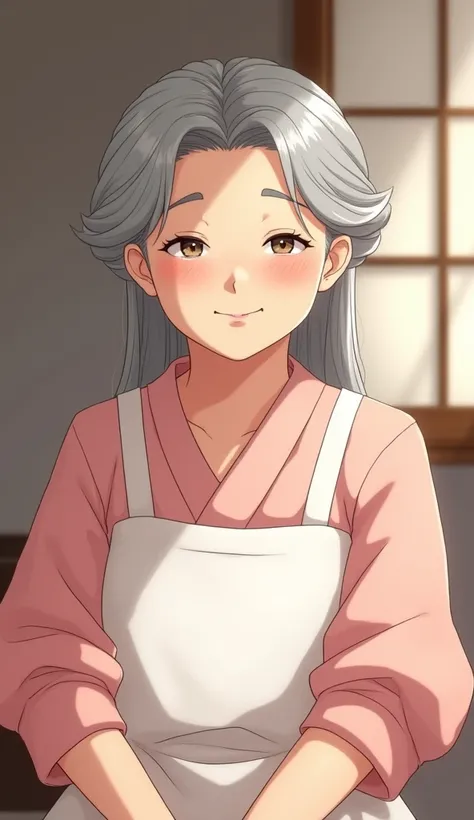  Please draw a cute Japanese grandmother 。She has a slightly chubby figure 、 has a kind smile 。The eyes are droopy、 Its a gentle expression that gives a soft impression 。Long hair、Its put together at the back 、 she has gray hair and is softly organized 。 s...