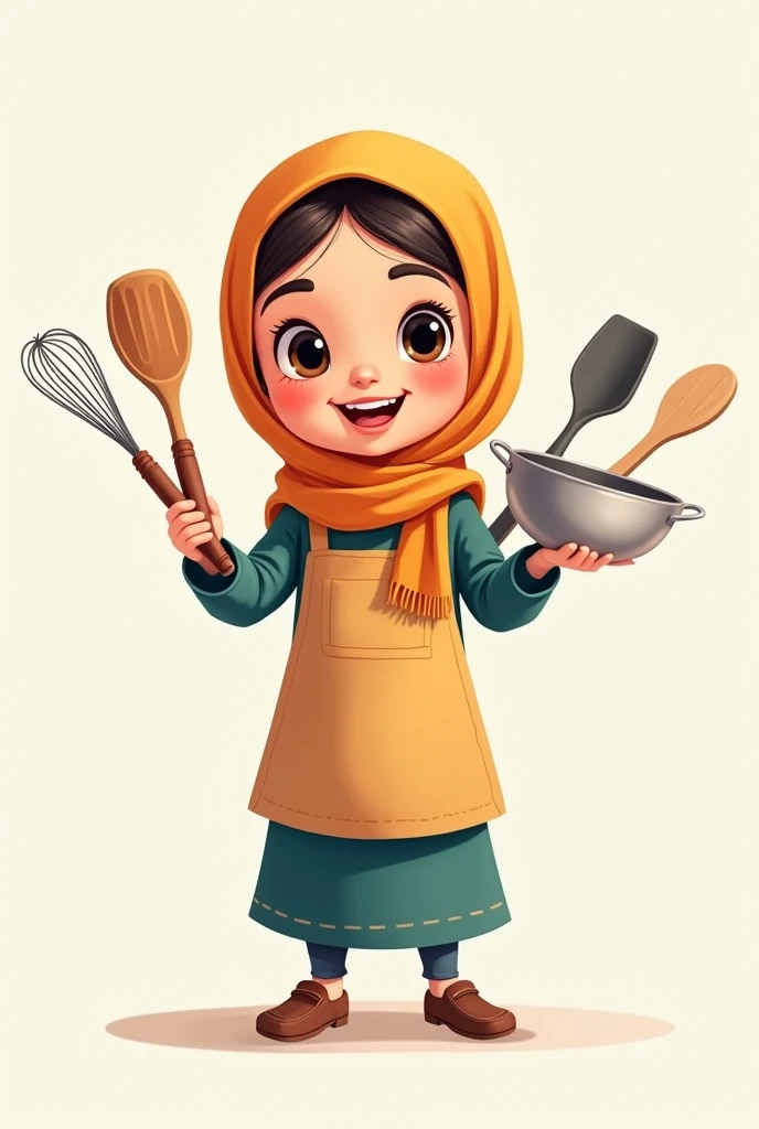  Cartoon image of girl in hijab carrying cooking utensils, body facing towards camera 