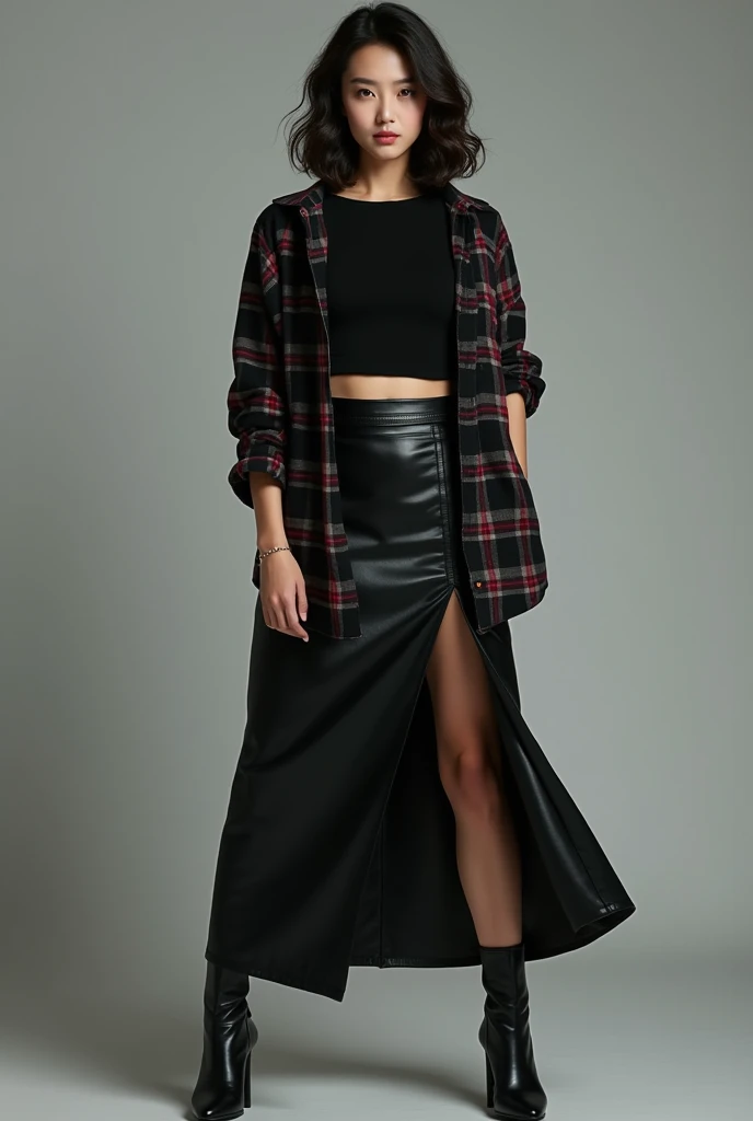 A beautiful Korean girl wearing a black t-shirt  ,, flannel shirt  , long black leather skirt ,,black hells 