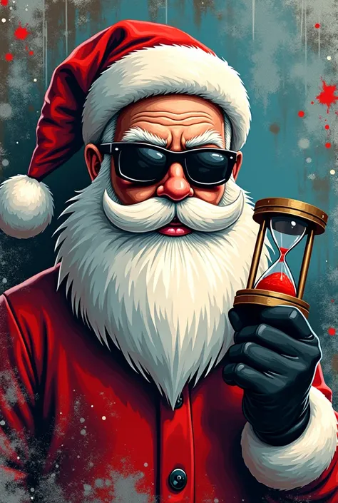 Make me a graffiti logo of santa claus with sunglases holding a hourglass