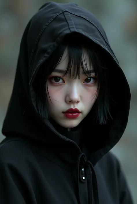 a beautiful korean woman,  with short untidy black hair up to her shoulders, dressed in black, black hood, cold look, red pupils, black lips, High resolution,  very detailed