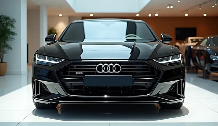 Front view of painted black with shiny clour 2025 Audi S8  sleek in large shape sedan in large size with Audi logo on its large detailed grille in shiny white clour with angular sporty design captured from close front view with modified sleek headlights & ...