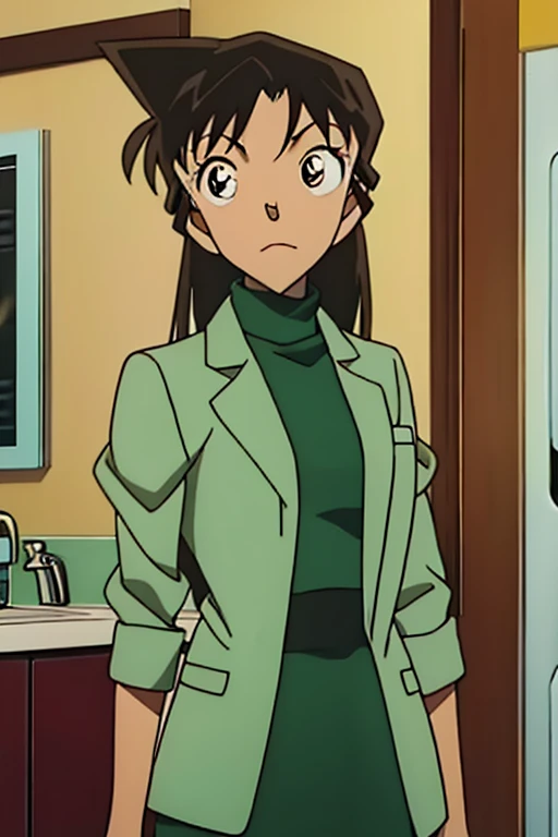 {{{mouri ran}}},{{{Detective Conan}}},{{{long hair}}},{{{official style}}},{{{adult}}},green dress one-piece dress,turtleneck green miniskirt, {light green cropped jacket},{light green cropped jacket},green socks,sink,laundry,kitchen,bringing upper body to...