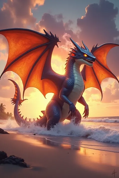 A stunning hybrid creature set on a tropical beach during a vibrant sunset. The being combines the sleek body of a shark with dragon-like features: massive, leathery wings that stretch wide, shimmering in fiery hues of red and gold, and a long, sinuous tai...