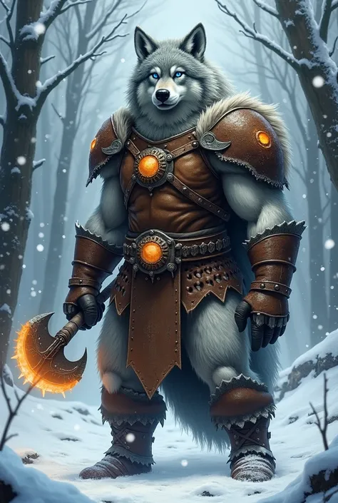 A robust humanoid figure with a wolfs head, sporting a thick, fur-lined mane and piercing blue eyes. The hero wears a rugged, weathered brown armor with wolf claw motifs across the chest and arms. In a snowy forest landscape, the hero stands tall, holding ...