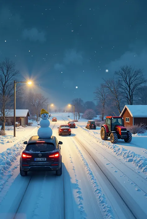 Winter night track ,  cars stuck in traffic with dimensions on .  People play snowballs and sculpt a snowman on tractors