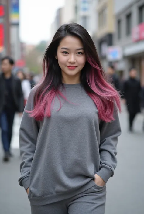 A photo of a beautiful korean woman chubby looking at the camera with long black mixed pink hairstyle,　Walking around the city　 See Photographer 　Long grey sleeve clothes　No exposure