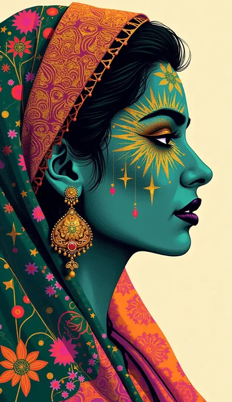 "Create a captivating and vibrant artistic portrait inspired by the rich culture of Pakistan, blending colorful graphic design elements with geometric and symbolic motifs. The womans face should be a harmonious canvas where traditional patterns and modern ...