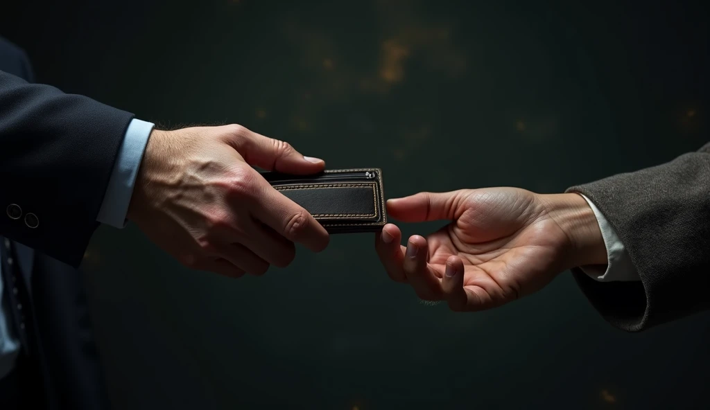 the same young man in the suit returning a wallet to its owner who is old, just show their hand in the picture, use dark theme