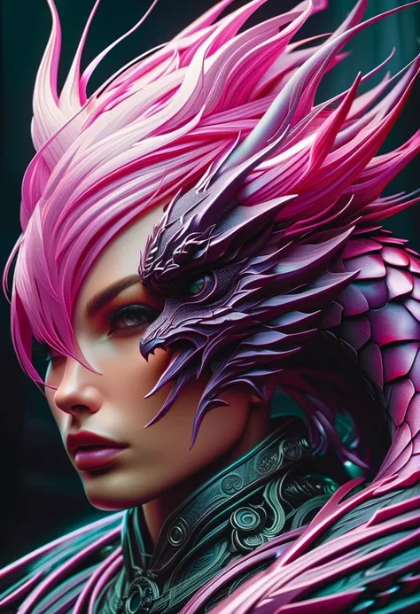 Cyberpunk l close up pink haired female with a black dragon behind her, portrait, clear sharp focus, featuring a dark and eerie atmosphere hyper realistic, 8K professional photography art, photorealistic masterpiece: by aaron horkey and jeremy mann: intric...