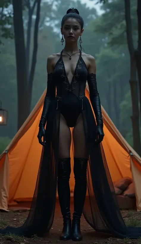 masterpiece, Perfect face 1:1, Forest clearing, tent, dim lantern light, illuminated by a full-size ballerina, standing on tiptoe, Black Long Boots, У Балерины на ногах одеты чёрные длинные сапоги по колено, Ballerina wearing transparent underwear violet c...