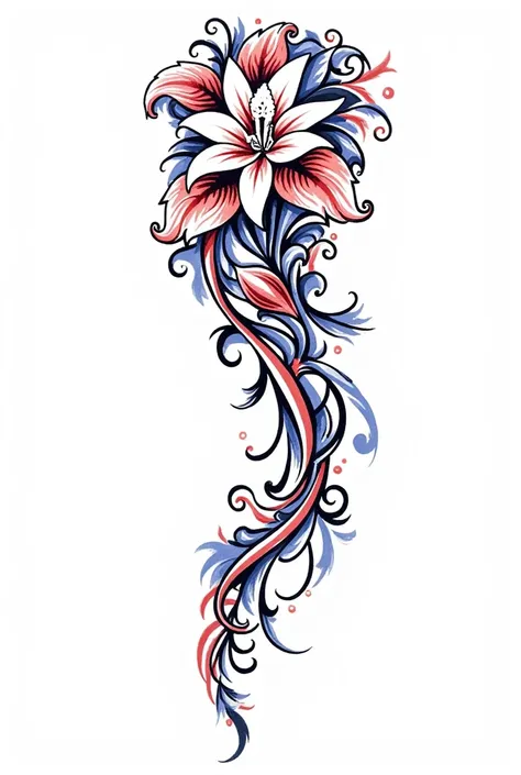 Design a tattoo that wraps around the right shoulder, extending down the arm and across the chest in a cohesive, flowing pattern. The design should feature a central lily flower as the primary focal point, surrounded by intricate ornamental flourishes, swi...