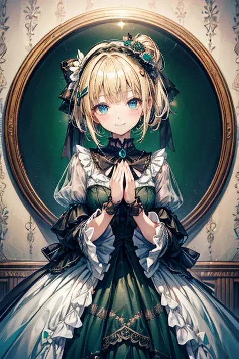 prompt: 8K resolution, delicate features, , single, unique students, shy smile, blonde, princess cut, Bow hair ornament, brooch, shiny dark green dress, lolita style, gothic style, Folded hands, facing the viewer, Otaku Room, Female imps